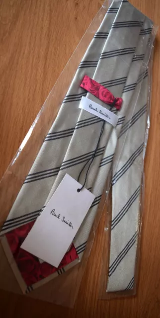 Paul Smith Taupe Cravatta Con Nero a Righe Mainline 100% Seta 8cm Made IN Italy
