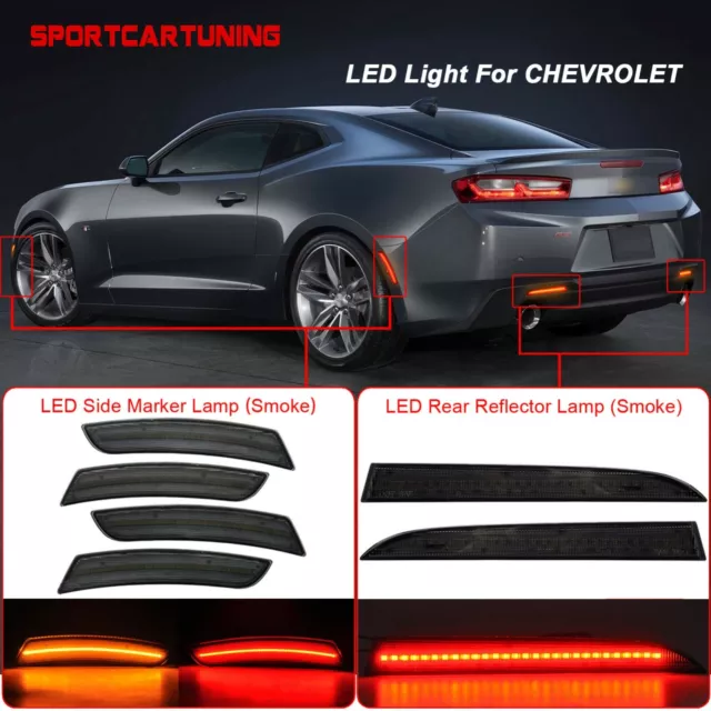 6x Smoke LED Side Marker Light Rear Bumper Reflector Lamp For 16-22 Chevy Camaro