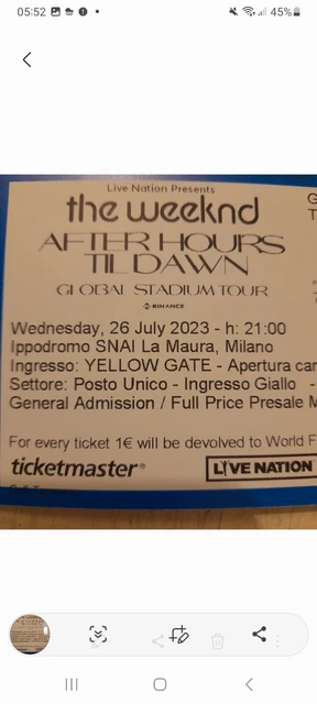 Biglietto concerto The Weeknd ingresso giallo 26 luglio