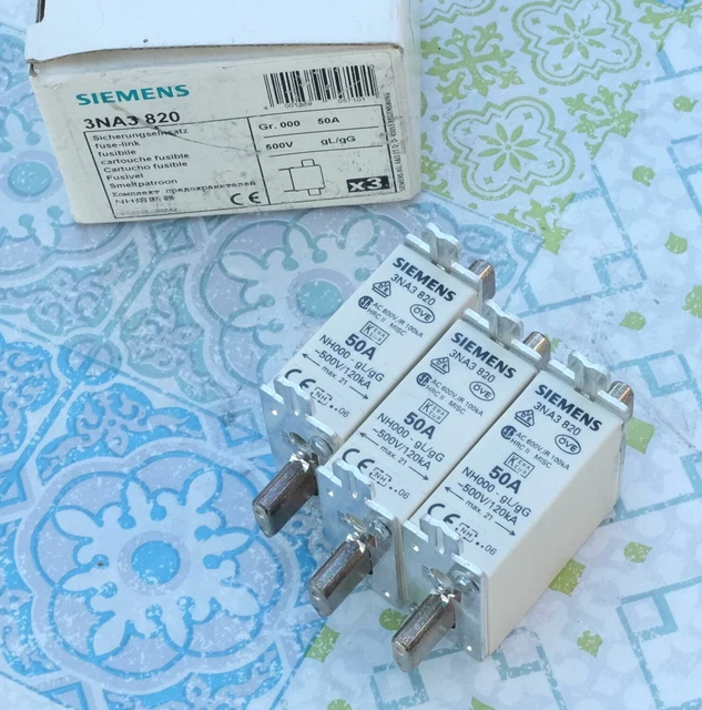 3X Siemens 3NA3820 fusible 50A taille 000 gL/gG 500V Lot de 3