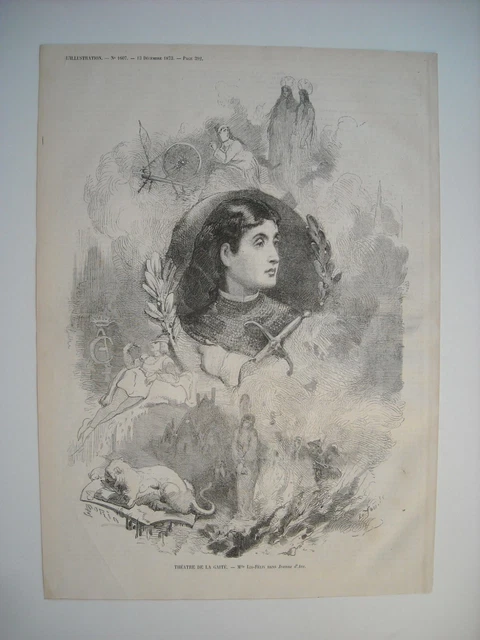 Gravure 1873. Theatre De La Gaïte. Melle Lia-Felix Dans Jeanne D’arc. Explicatif