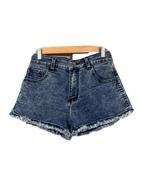 N3T Jeans Womens Denim Shorts Acid Wash Blue Mid Rise Stretch Fringe Trim Size L