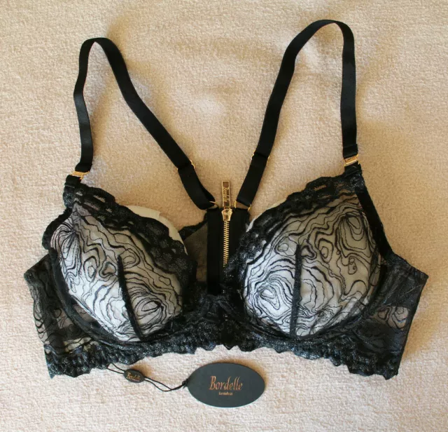 Bordelle Amaya Soft Triangle Bra Black floral embroidered 24k gold S Small  NWT