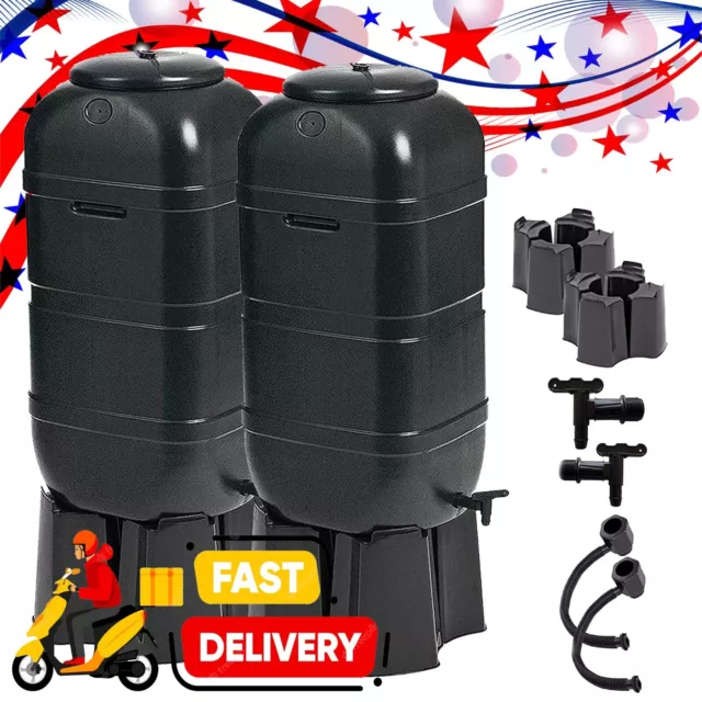 2 x 100 Litre Black Slimline Outdoor Garden Water Butts With Stand & Kits