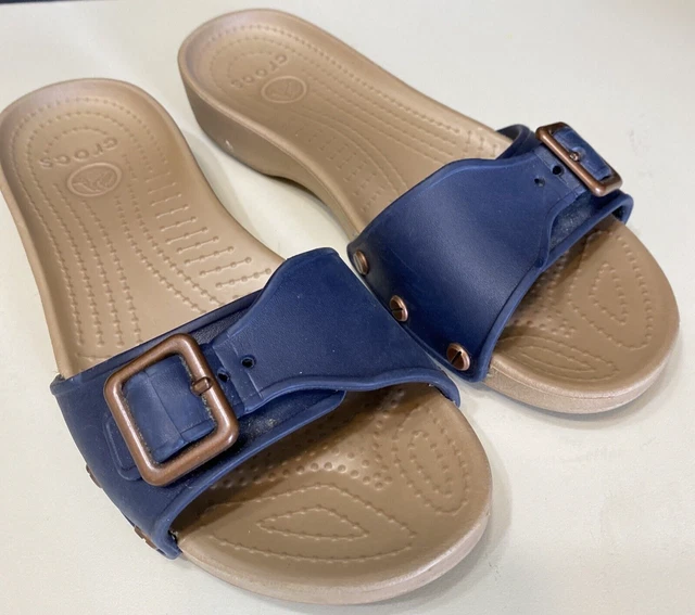 Crocs Sarah Slide Sandals Womens Size 6 NAVY blue Buckle Slip On Shoes