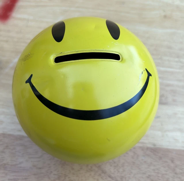 VTG 70’S BIG Yellow Happy Smiley Face Emoji Piggy Bank Metal Tin Robel