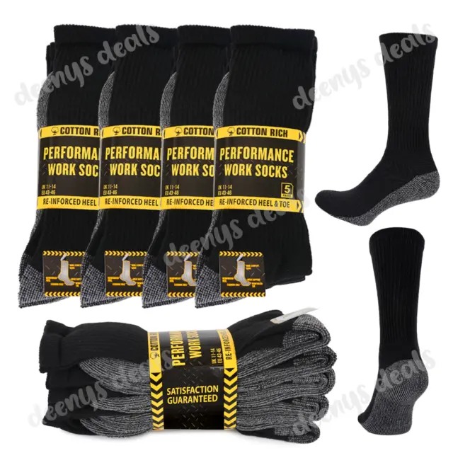 5-20Pairs BIG FOOT Mens Heavy duty work Black Socks Thick Cotton Rich Size 11-14