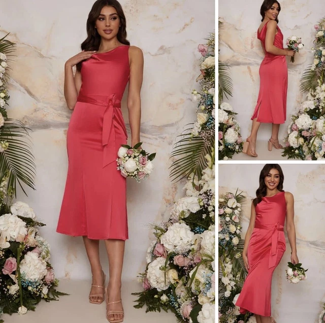 New Size 14 Cowl Neck Satin Midi Dress With Waist Tie Fuschia By Chi Chi London New Size 14 Cowl Neck Satin Midi Dress With Waist Tie Fuschia By Chi Chi London