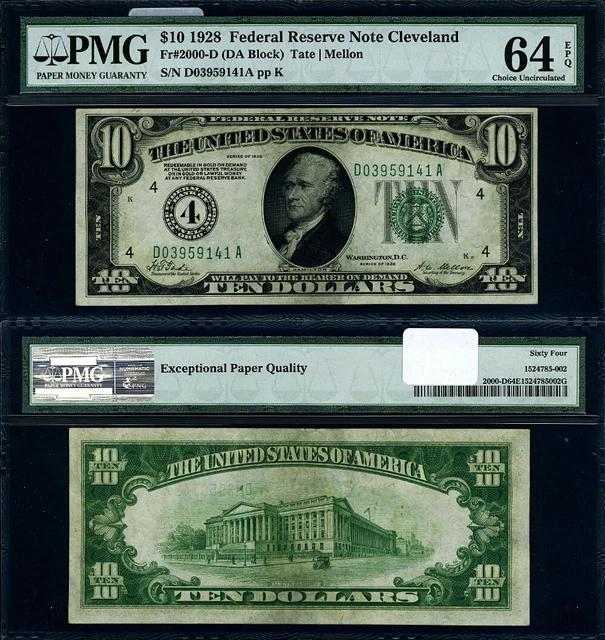FR. 2000 D $10 1928 Federal Reserve Note Cleveland D-A Block Choice PMG CU64 EPQ
