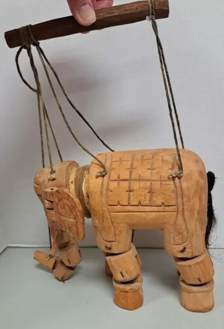 VINTAGE HAND CARVED Wood Elephant String Marionette Puppet Decor