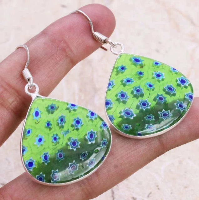 Dichroic Glass 925 Silver Plated Handmade Earrings of 1.7" Ethnic Gift