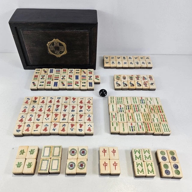 Ancien Coffret Mah Jong En Bois – Jeu De Tuiles Bambou Et Os – 1923 (Chine)
