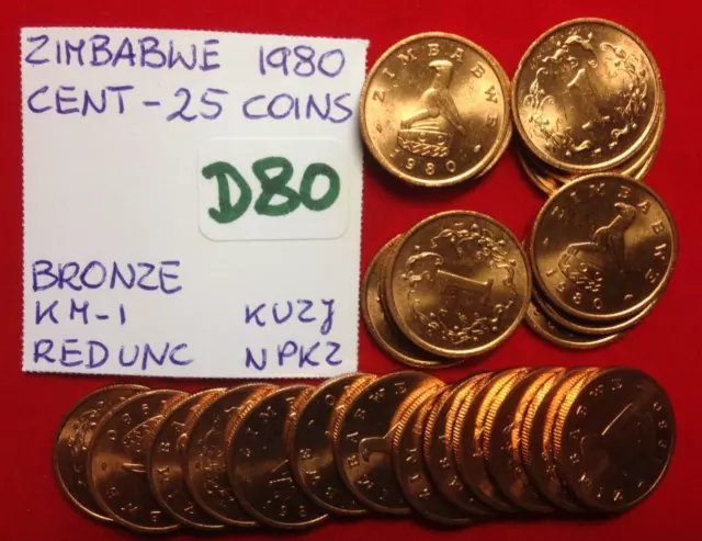 D80 Zimbabwe; 25 Coins from Mint Bag - Bronze Cent 1980  KM#1    Red UNC