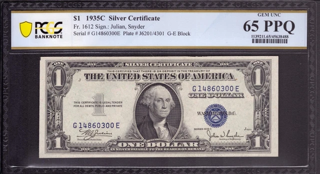 1935 C $1 Silver Certificate Note Currency Fr 1612 Ge Block Pcgs B Gem 65 Ppq