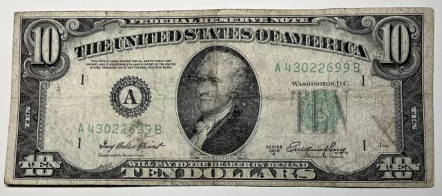 1950 A $10 Ten Dollar Bill Federal Reserve Note  Boston MA Vintage Old Currency