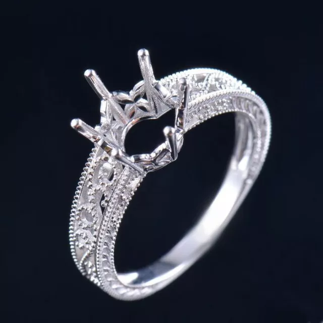 Vintage Round 8MM Filigree Prong Engagement Women Ring Setting 14K White Gold