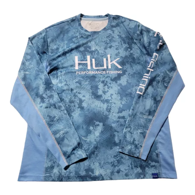 HUK Performance Fishing Shirt Mens Medium Blue Camo Long Sleeve