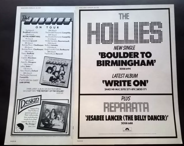 THE HOLLIES Boulder To Birmingham + UK Tour ORIGINAL 1976 PROMO ADVERT POSTER/S