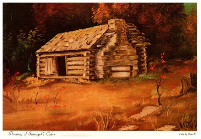 Sequoyah's Cabin Oklahoma Cherokee Native American Painting Vtg Postcard