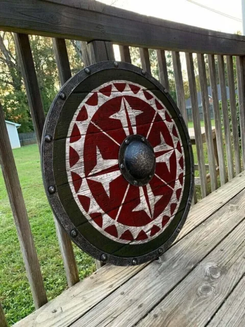 Handmade New Solid Wooden Viking Shield 24" Round Wooden Heavy Metal Fitted Dedo