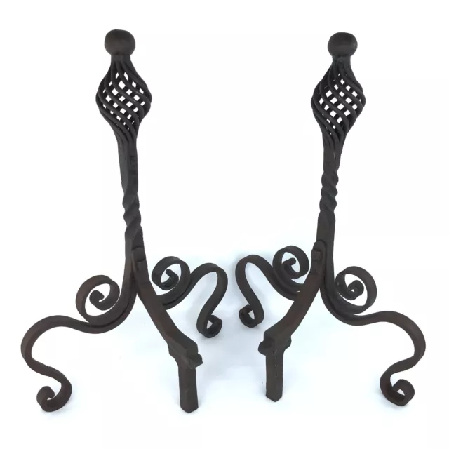 Antique Fireplace Andirons Art Deco Forged Wrought Iron Twisted Spiral