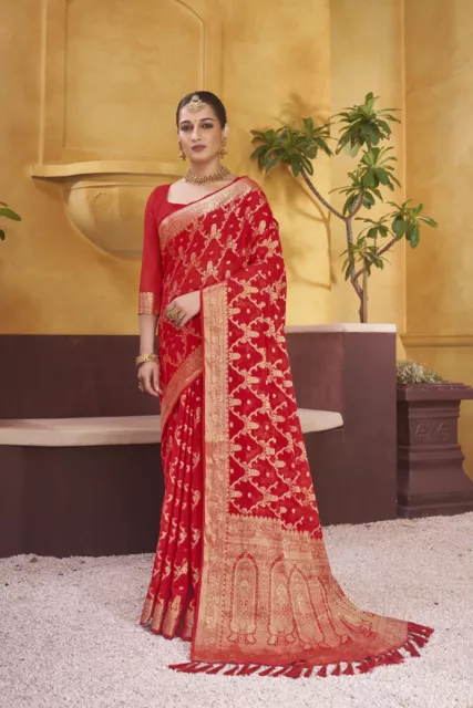 Designer Red Heavy Zari Weaving Viscose Work Sari Georgette Wedding Wear Saree