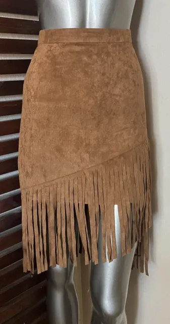 NWT Tan Beige Brown Fringed Faux Suede Fitted High Waist Western Skirt - Size 5