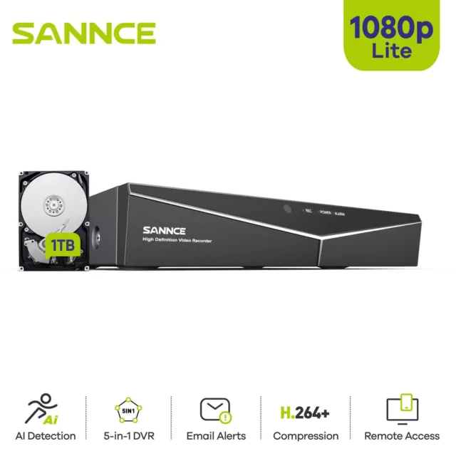 SANNCE 1080p Lite 5IN1 4CH DVR 24/7 Digital Video Recorder AI Human Detection