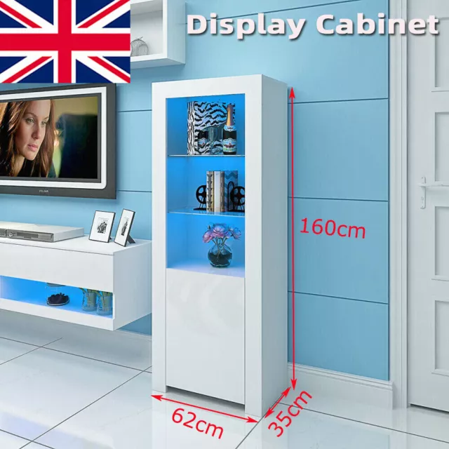 160cm Tall Display Cabinet Sideboard Cupboard Unit High Gloss Doors LED Lights