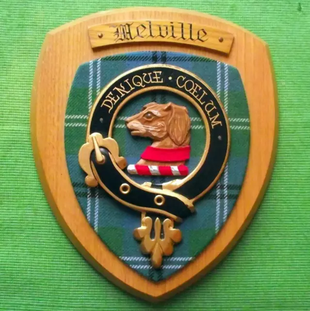 Vintage Old Scottish Carved Oak Clan MELVILLE Tartan Plaque Crest Shield z
