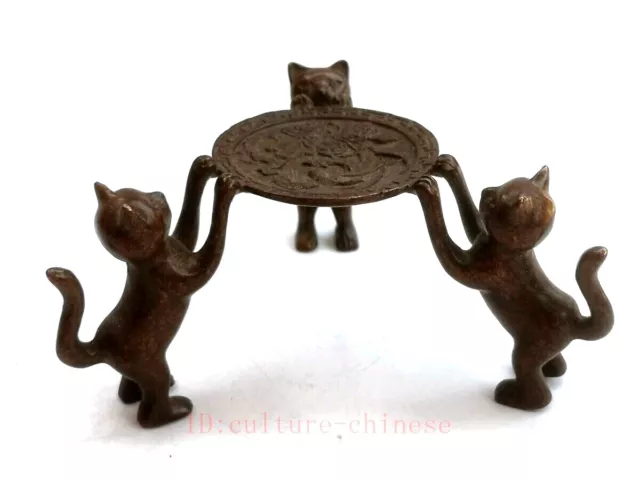 Collection Old China Bronze Carving Exquisite 3 Cat Statue Base Decoration Gift