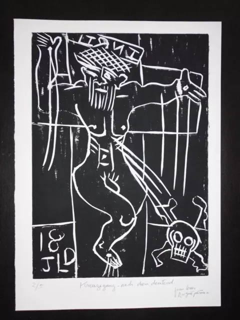 linoldruck, linocut unikat jesus kreuzigung bibel religion testament graphik