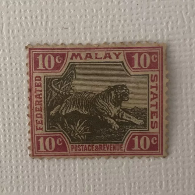 VINTAGE MALAYA 1900s FEDERATED MALAY STATES Stamps Issue - Tiger 10 Cents