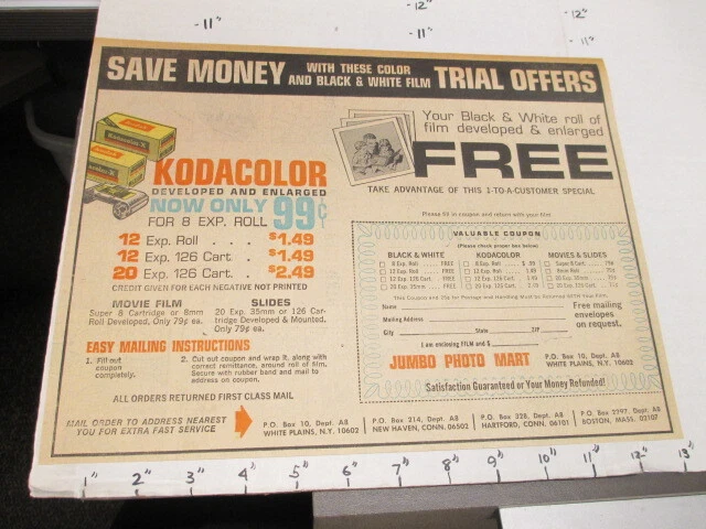 Anuncio de periódico 1969 Jumbo Photo Mart KODAK película desarrollo premium