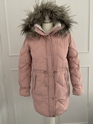 NEXT Age 12 Girls Warm Cosy Dusky Pink Winter Coat Fleece Lined Fur Trim Parka