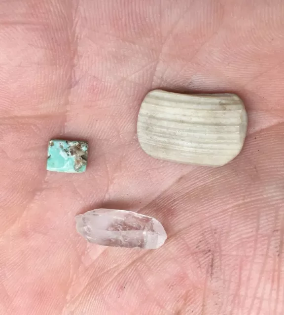 Lot of (3) Pre-Columbian Faceted Quartz Crystal - Turquoise Bead - Abalone Inlay