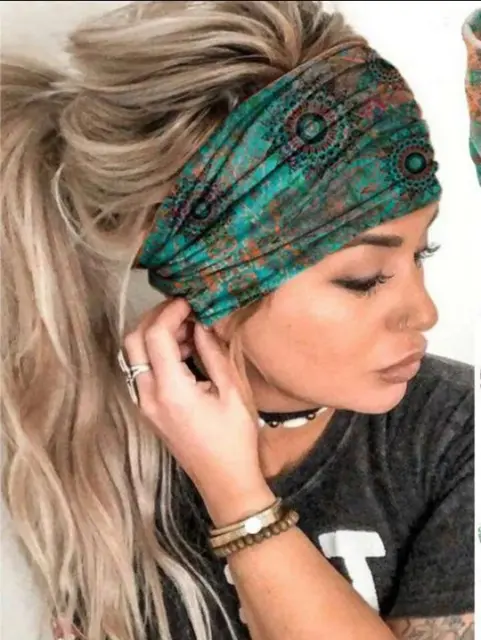 Boho Style Bandana Wide Knotted Headband Hair Tie Green Patterned 802