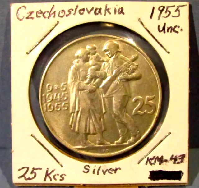 Czechoslovakia 1955 25 Korun Silver BU Coin Czech CSSR End of WWII World War Two