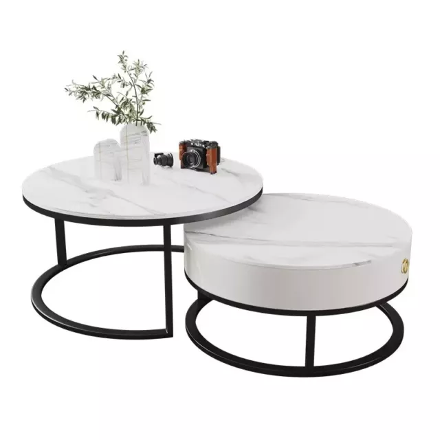 Redondo Mesita Baja Set Negro Blanco Mármol Mesa Redondo Mesa de Salón 2 Unidad