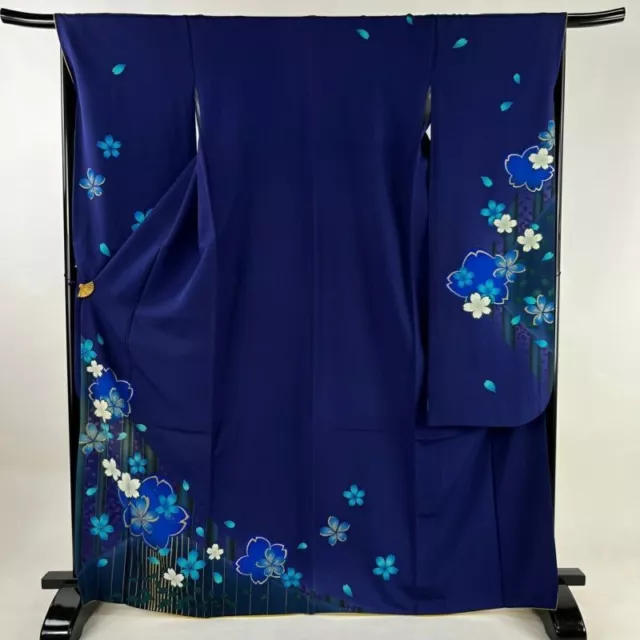 Japanese Kimono Furisode Pure Silk Cherry Tree Petal Foil Gold Paint Navy Blue