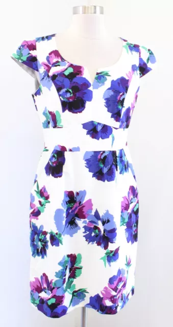 Shoshanna Ivory White Blue Floral Print Cap Sleeve Sheath Dress Size 6 Silk
