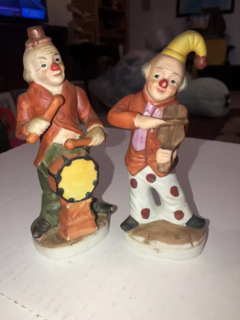 Set Of 2 Clowns Korea 6" Music Instrument Playing Bisque Porcelain Figurine