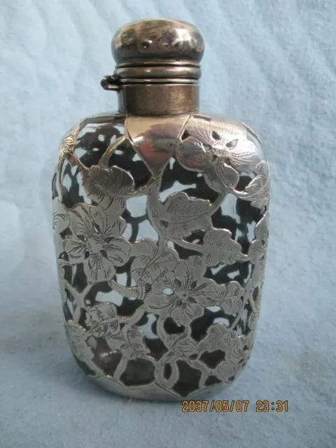 Flachmann Taschenflasche um 1820 Silber Glas Durchbrucharbeit