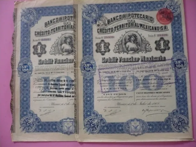 Lot de 2 Actions Mexico  :  Banco Hipotecario Credito Mexicano 1908