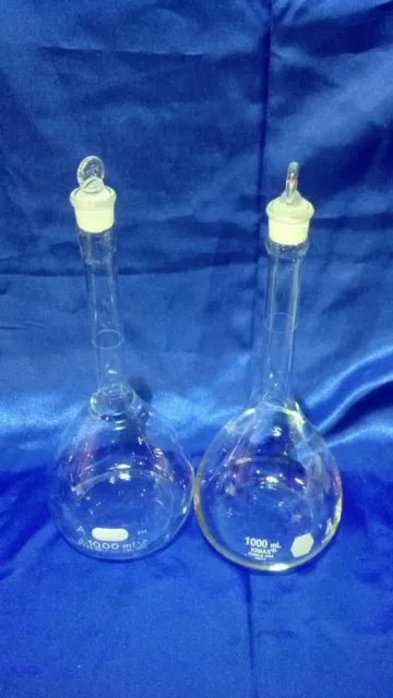 2ea Kimax or Pyrex 1 Liter Volumetric Flask Class A w/Solid Glass Stopper