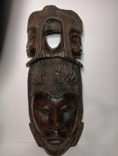 Wooden Tribal African Mask 20" Vintage Large Hand Carved  Folk Art Wall Hanging