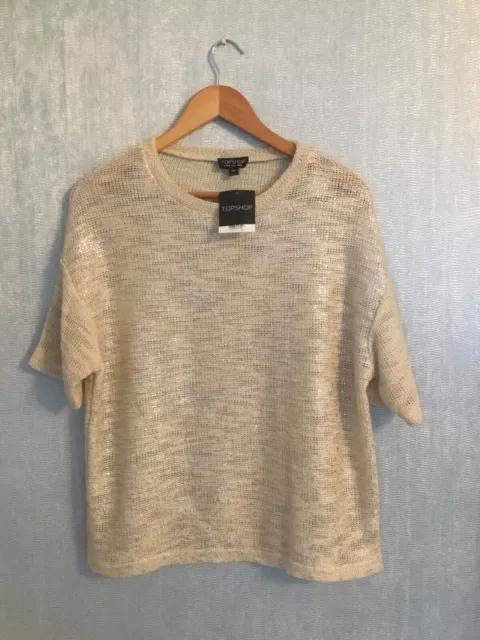 TopShop Ladies  Beige & Silver Knitted Short Sleeve Top Size 10 New With Tags