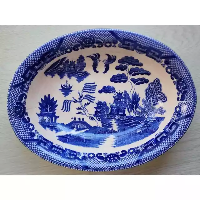 Vintage Blue Willow Transfer Ware-Oval Serving Bowl-Japan-Blue & White-Oriental