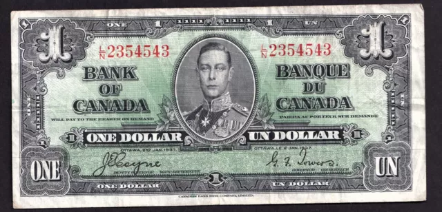 Canada 1937 $1 One Dollar Banknote Coyne - Towers L/N 2354543