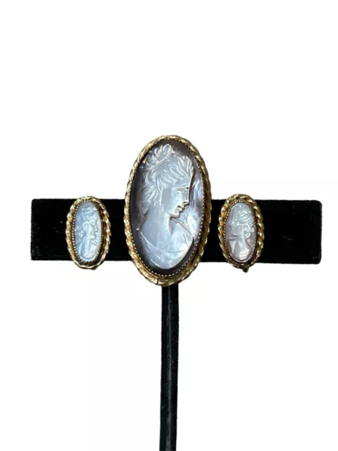 VTG Victorian Cameo Pendant, Brooch and earrings MOP on black 12K GF marking TK